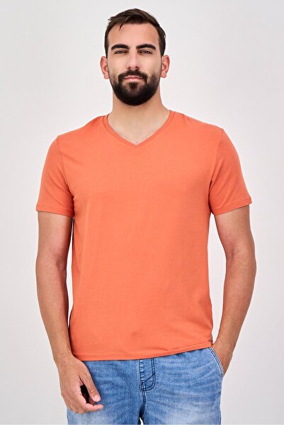 CELIO Men V Neck Short Sleeve Plain T-Shirt, Orange