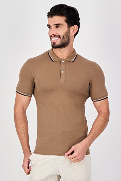 CELIO قميص بولو رجالي عادي بأكمام قصيرة، لون بني فاتح