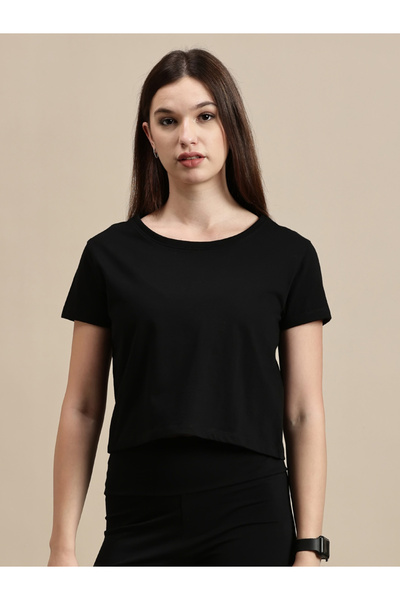 ECOLORE By Styli Black Solid Cotton Short Sleeves Crop Top