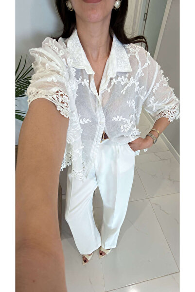 BİRCANÇİL Εισαγόμενο πουκάμισο με κεντημένα φύλλα σε χρώμα εκρού Φαρσ