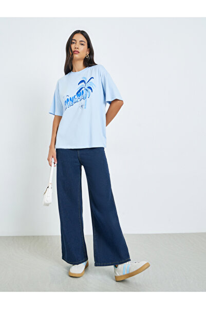 Styli Blue Graphic Print Oversized T-Shirt