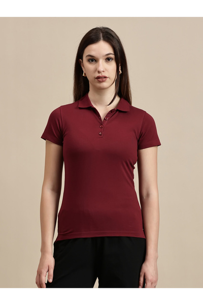 ECOLORE By Styli Burgundy Solid Short Sleeves Polo Top