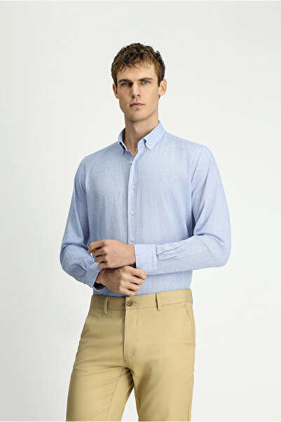 Kiğılı Long Sleeve Regular Fit Sport Button-Down Collar Cotton Linen Slub Shirt
