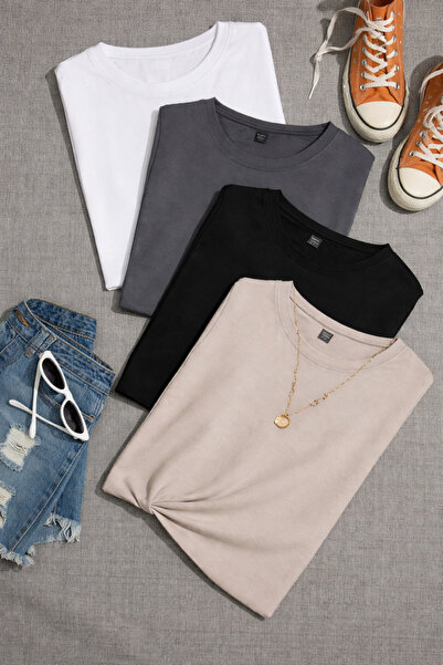 SANTAMİLA Σετ 4 τεμαχίων Λευκό Καπνιστό Μαύρο Μπεζ Υπερμεγέθη Μπλουζάκια