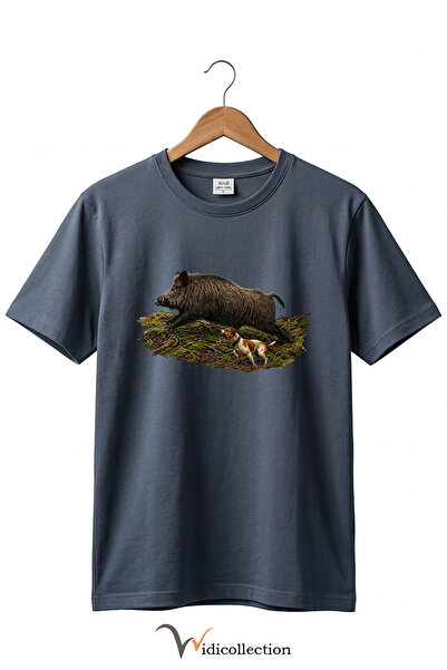 WİDİ Μπλουζάκι Unisex με στάμπα αγριογούνας και σκύλου, 100% βαμβακερό, με λα...