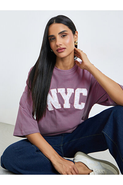 Styli Pink Slogan Print and Border Embroidered 100% Cotton Oversized T-Shirt