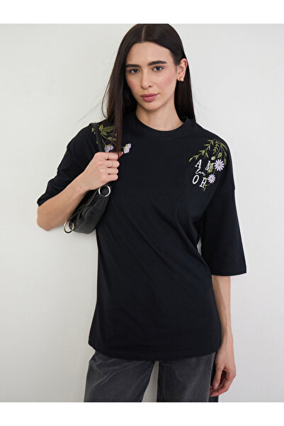 Styli Black Embroidered Oversized Cotton T-Shirt