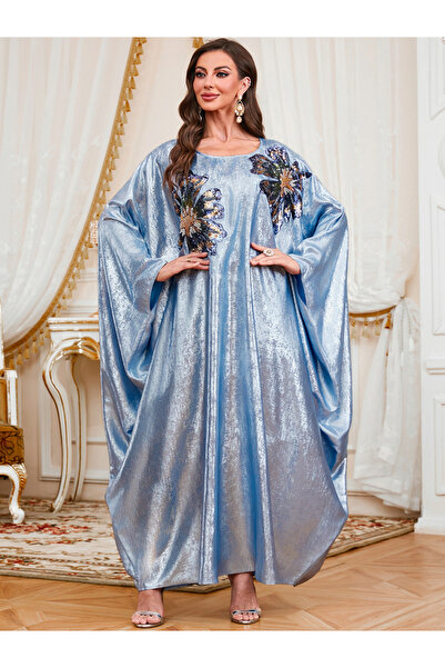 Take Two By Styli Blue Sequin Patch Detail Batwing Sleeve Kaftan