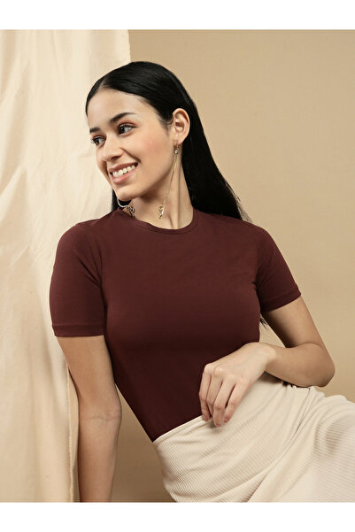 ECOLORE By Styli Brown Solid Short Sleeves Top