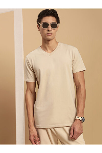 ECOLORE By Styli Men Beige V Neck Slim Fit T-Shirt