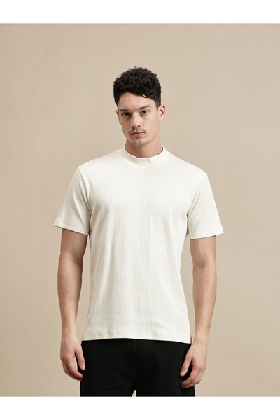 ECOLORE By Styli Men White Ribbed High Neck T-Shirt
