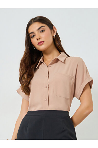 Take Two By Styli Beige Solid Short Extended Sleeves Shirt with Pocket