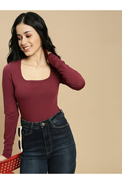 ECOLORE By Styli Burgundy Solid Square Neck Long Sleeves Top
