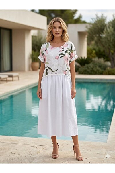 Punta Otantik PT915311 Λινό Φόρεμα με Λεπτομέρεια Κορδονιού στη Μέση και Λουλ...