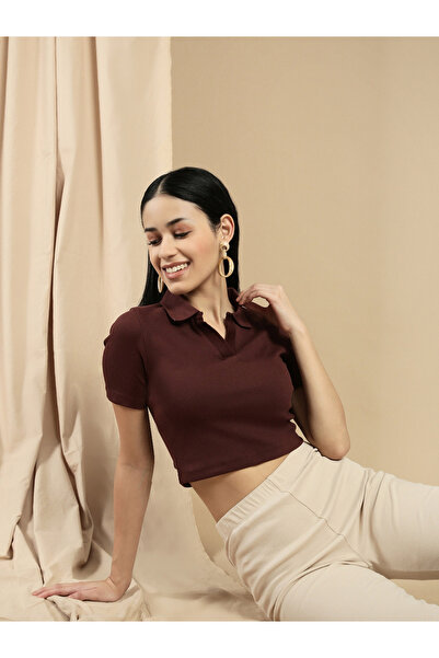 ECOLORE By Styli Brown Solid Polo Neck Short Sleeves Crop Top