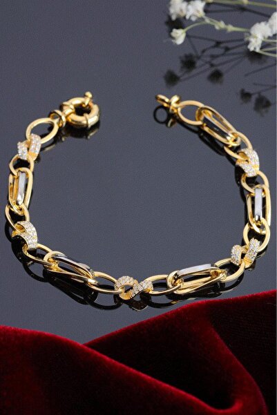 innuendo jewelery 925 Ayar Gümüş Altın Kaplama Taşlı Halka Zincir Bileklik