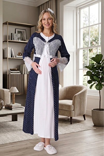 Lohusa Homewear Νέα σεζόν Navy Blue Ecru Πουά Καλοκαιρινό Σετ Νυχτικό Ολόσωμο...