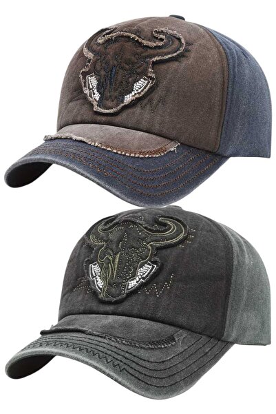 Uniquetrenders Unisex Vintage Bull Embroidered Adjustable Baseball Cap Set of 2
