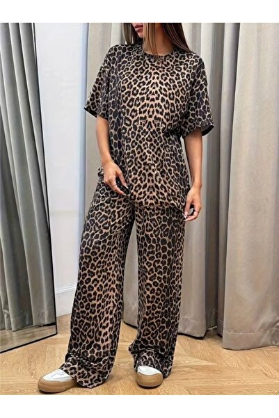 Modayakamoz Γυναικεία κοντομάνικη μπλούζα και παντελόνι με λεοπάρ σχέδιο με δ...