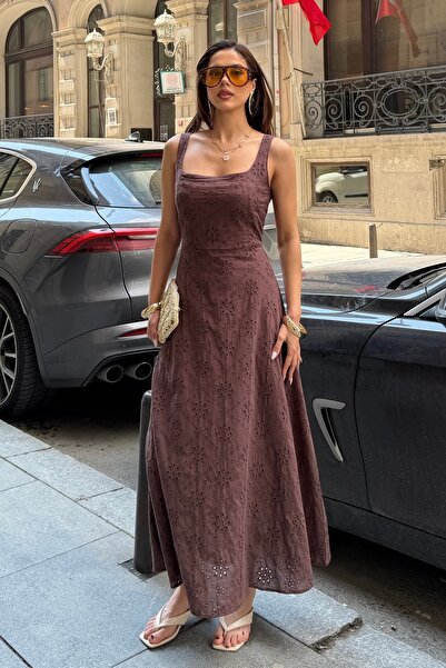 BEJNA Γυναικείο υφαντό φόρεμα με καφέ τετράγωνο γιακά και επένδυση από μπροντέ