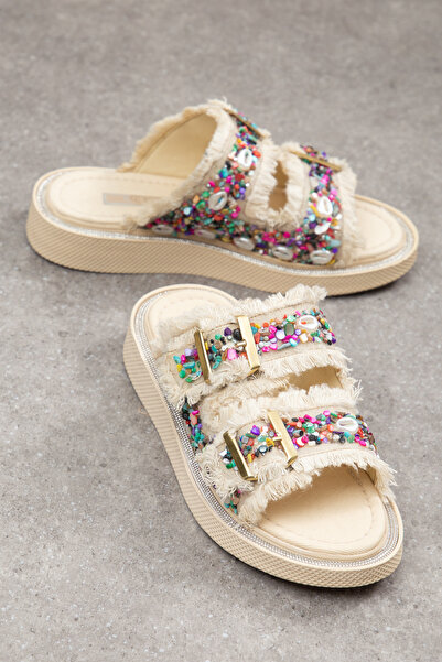 Mc vay Shoes Παντόφλες με φούντες από φυσική πέτρα με διπλή πόρπη