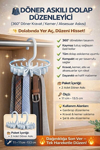 ASG 2 ADET DÖNER ASKILI DOLAP DÜZENLEYİCİ KRAVAT-KEMER-AKSESUAR 360 DERECE DÖ...