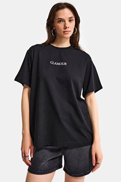 it's basic Γυναικείο μαύρο μπλουζάκι s6-1 Oversize Glamour με στάμπα, 100% βα...