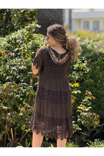 Punta Otantik NCC10338 Ιταλικό Φόρεμα από Μετάξι με Παγιέτες Καφέ