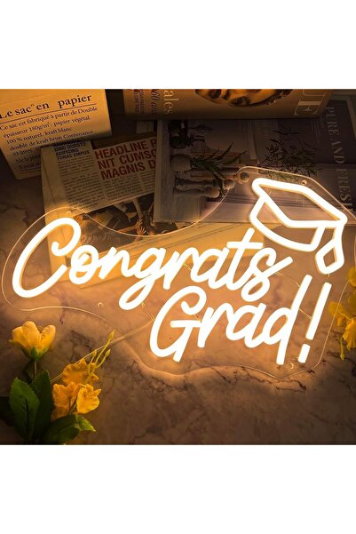 Slasa Congrats Grad Neon Sign 26x42 cm White Light with 6mm Acrylic Base Wall...