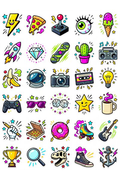 Store 30 Pieces Fun Neon Pop Art Icons Sticker Set - Laptop Phone and Notebook