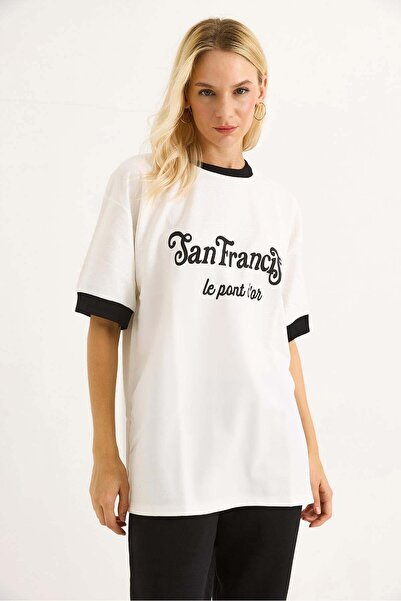 Raneel Kazançlı Alışveriş Printed Oversize Women's T-Shirt with Garnished Sle...