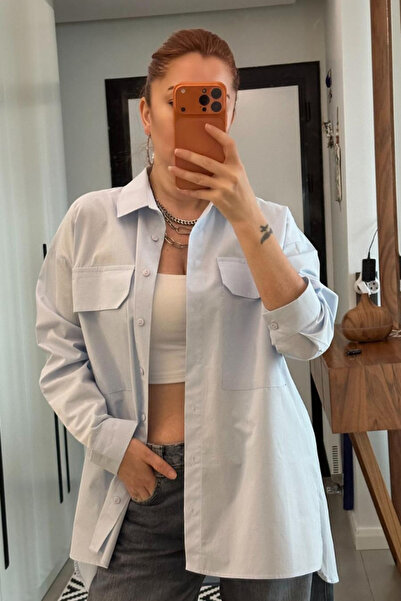 toi butik Açık Mavi Çift Cepli Oversize Gömlek
