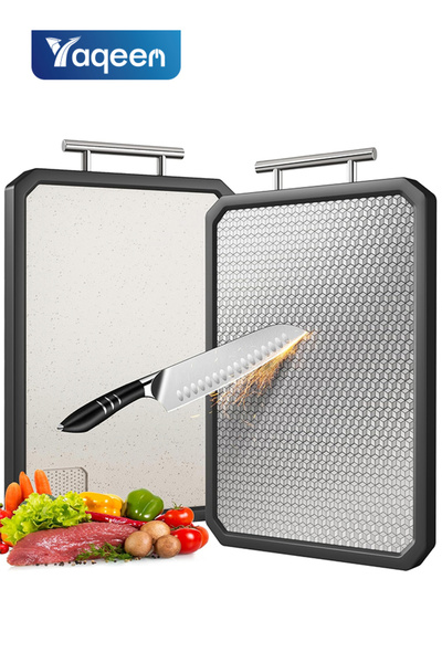yaqeen 16"x11" 304 SS & Rice Husk Cutting Board, Non-Slip Silicone Edges, Eas...