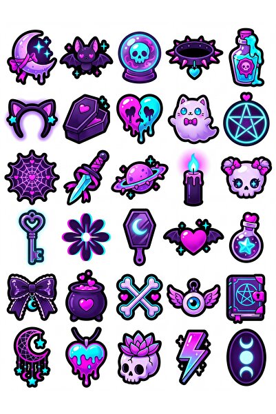 Store 30 Piece Gothic Neon Sticker Set - for Laptop, Notebook, Phone, Agenda