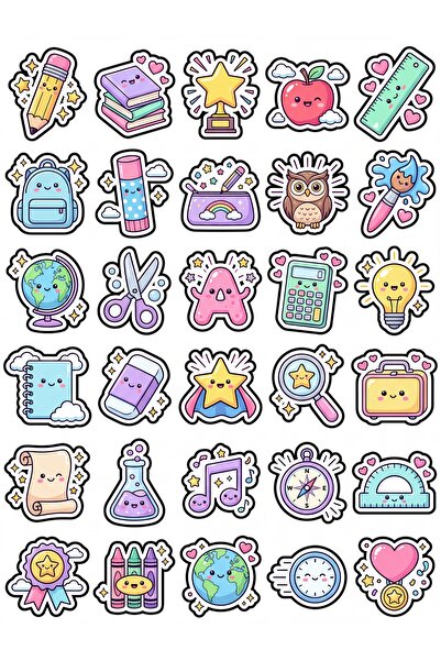 Store 30 Adet Okul Eşyaları Sticker Seti - Defter Laptop Telefon Ajanda