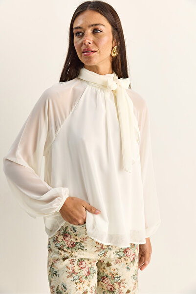 Bianco Lucci Γυναικεία μπλούζα σιφόν ψηλός λαιμός Cape Cut Princess Sleeve Με...