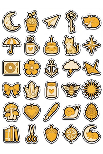 Store 30 Pieces Cute Icon Sticker Set with Gold Details - Aesthetic Decor for...