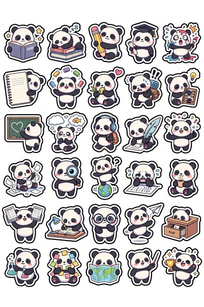 Store 30 Adet Öğrenci Panda Sticker Seti - Laptop Defter Ajanda Telefon İçin