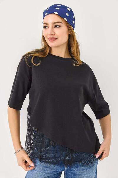 Raneel Kazançlı Alışveriş Crew Neck Lace Detailed Stylish Tshirt Black