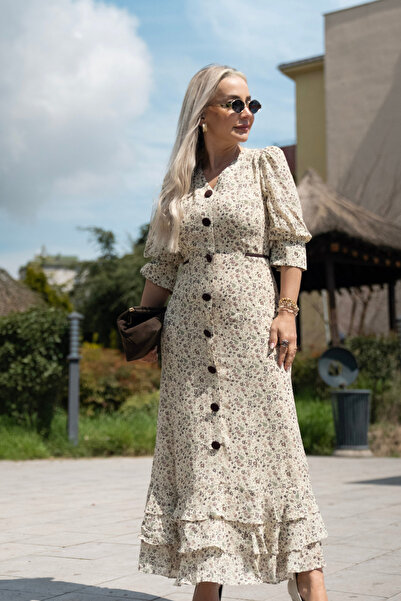 Muna Boutique Yellow Floral Patterned Coffee-Colored Button Detailed Flounced...