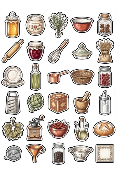 Store 30 Adet Vintage Mutfak Temalı Sticker Seti - Ajanda Laptop Defter İçin