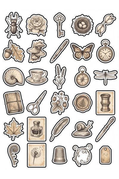 Store 30 Pieces Vintage Pencil Drawing Nature and Object Sticker Set - for Ag...