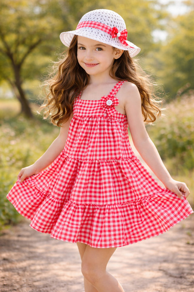 WE AND ME Κοριτσίστικο καλοκαιρινό φόρεμα από βαμβάκι με καρό καπέλο