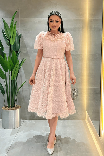giyimmasalı Full Lace Fabric Balloon Sleeve Midi Dress - Powder