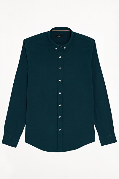 Tudors Ανδρικό πουκάμισο Slim Fit με κουμπιά, 100% βαμβακερό, πράσινο λινό Flam