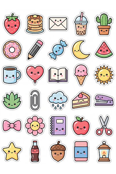 Store 30 Pieces Stationery and Food Sticker Set - for Laptop, Notebook, Phone