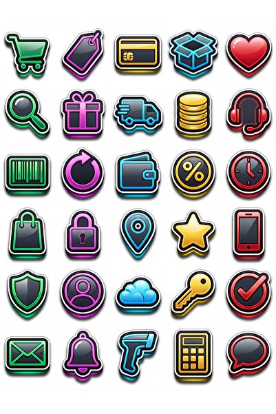 Store 30 Pcs Neon 3D Shopping Icon Sticker Set - for Laptop Phone Agenda