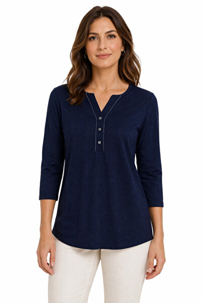 Desen Triko Γυναικεία μπλούζα με ανοιχτό γιακά και κουμπιά μπροστά, σε μπλε ν...