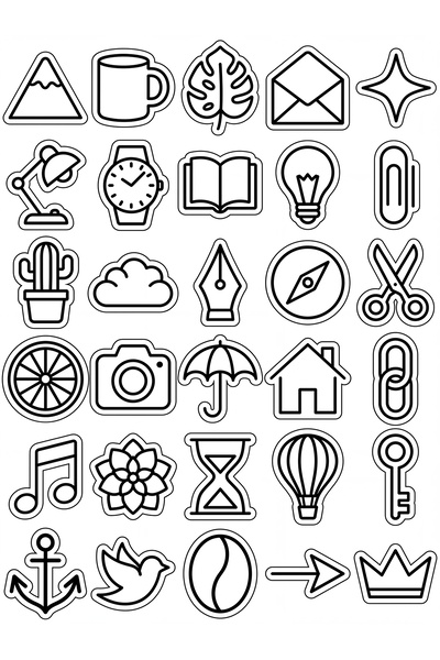 Store 30 Pieces Minimalist Icon Object Sticker Set - Black Line for Notebook ...