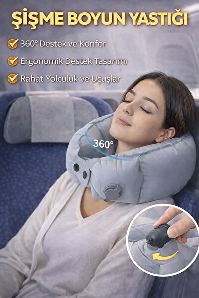 Ecuy Şişme Boyun Yastığı Seyahat Uçağı Arabada Ergonomik Destekli Katlanabili...